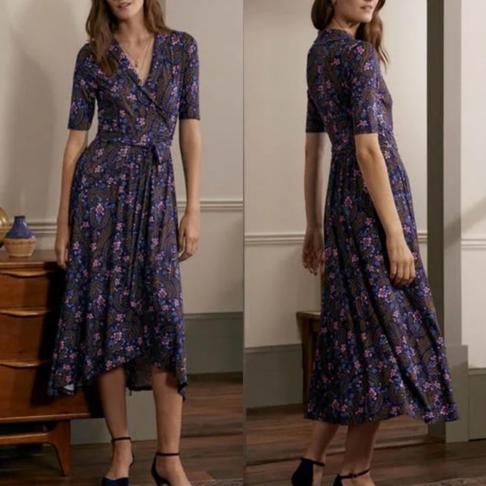 Boden Lavinia Jersey True Wrap Dress in French Navy Floral Paisley Size 6 Tall